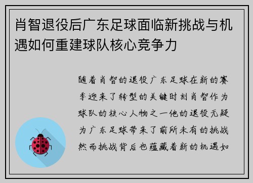 肖智退役后广东足球面临新挑战与机遇如何重建球队核心竞争力