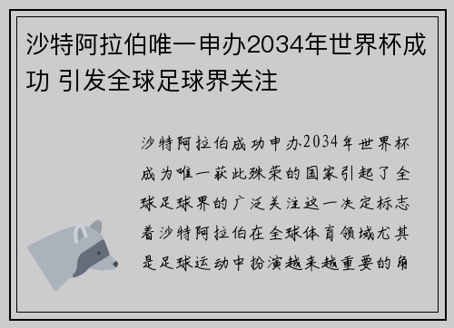 沙特阿拉伯唯一申办2034年世界杯成功 引发全球足球界关注 沙特阿拉伯唯一申办2034年世界杯成功 引发全球足球界关注